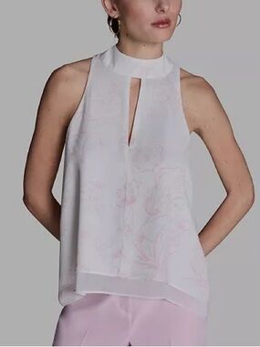 Bcbg Sleeveless High-Neck White & Light Pink Floral Shell Top M
